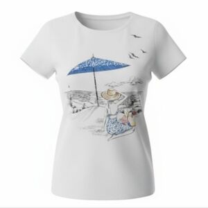 Women's White Graphic Tee Beach Tropical Top Ocean Scene Size 1x Kiss & Fly